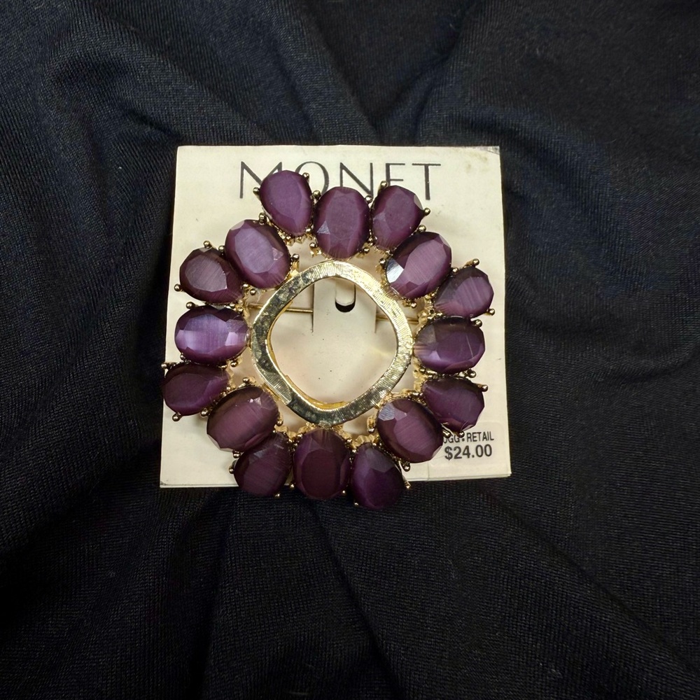 Vintage Monet Purple Rhinestone Brooch Gold Tone 1990s